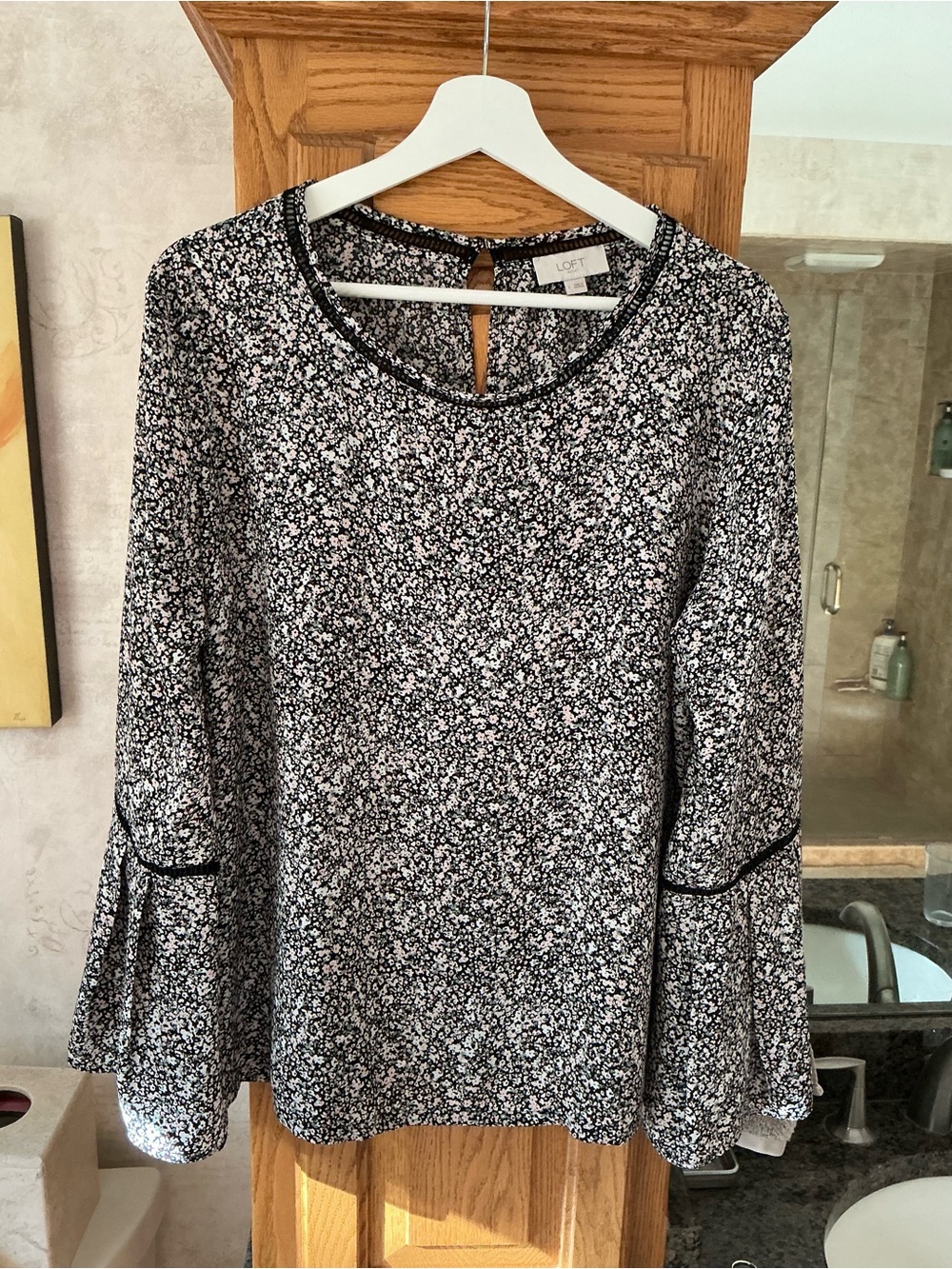 LOFT Black, Pink, Sage and White Floral Bell-Sleeve Blouse with Contrast Trim